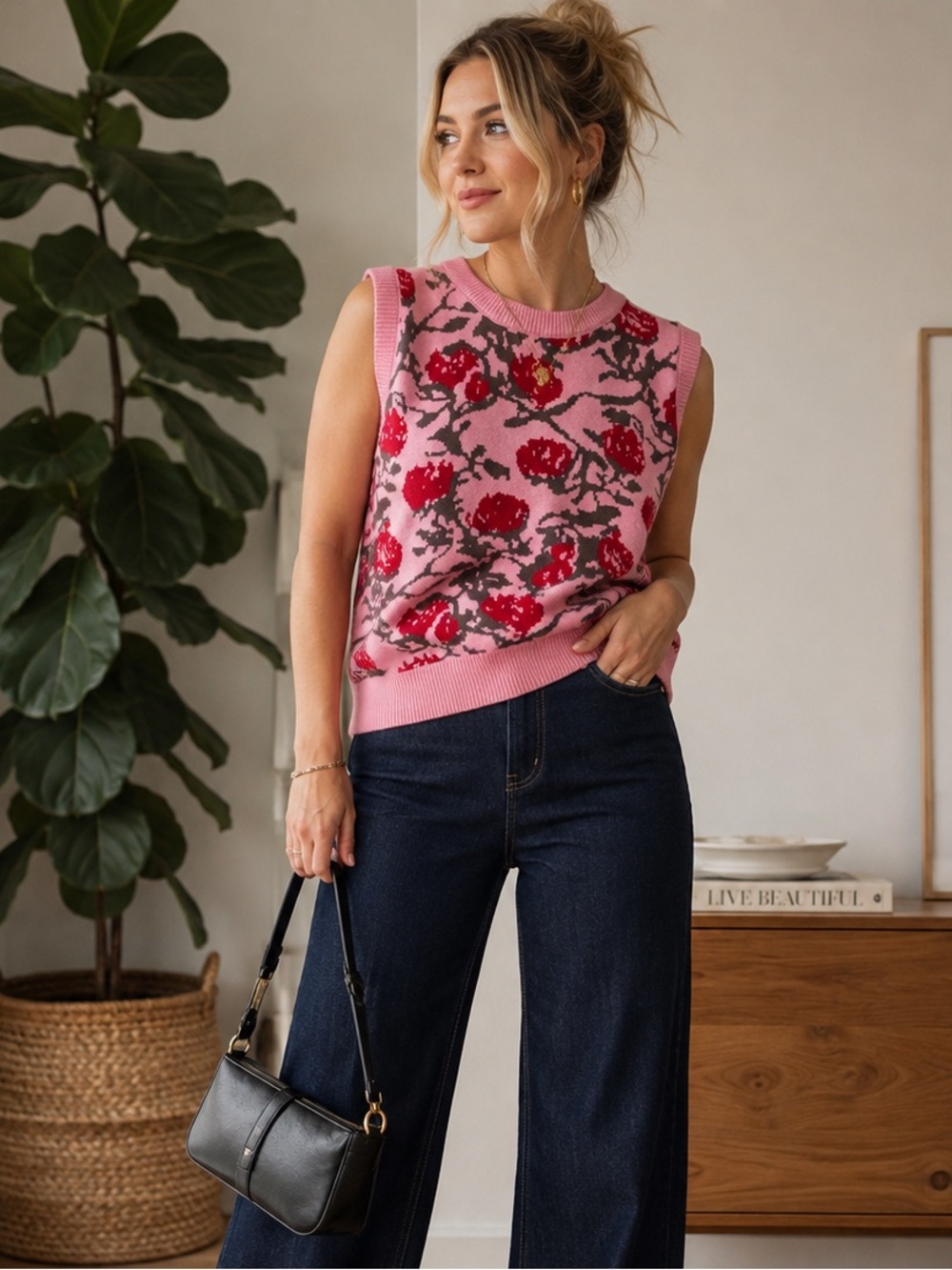 Pink Floral Sleeveless Knit Shell